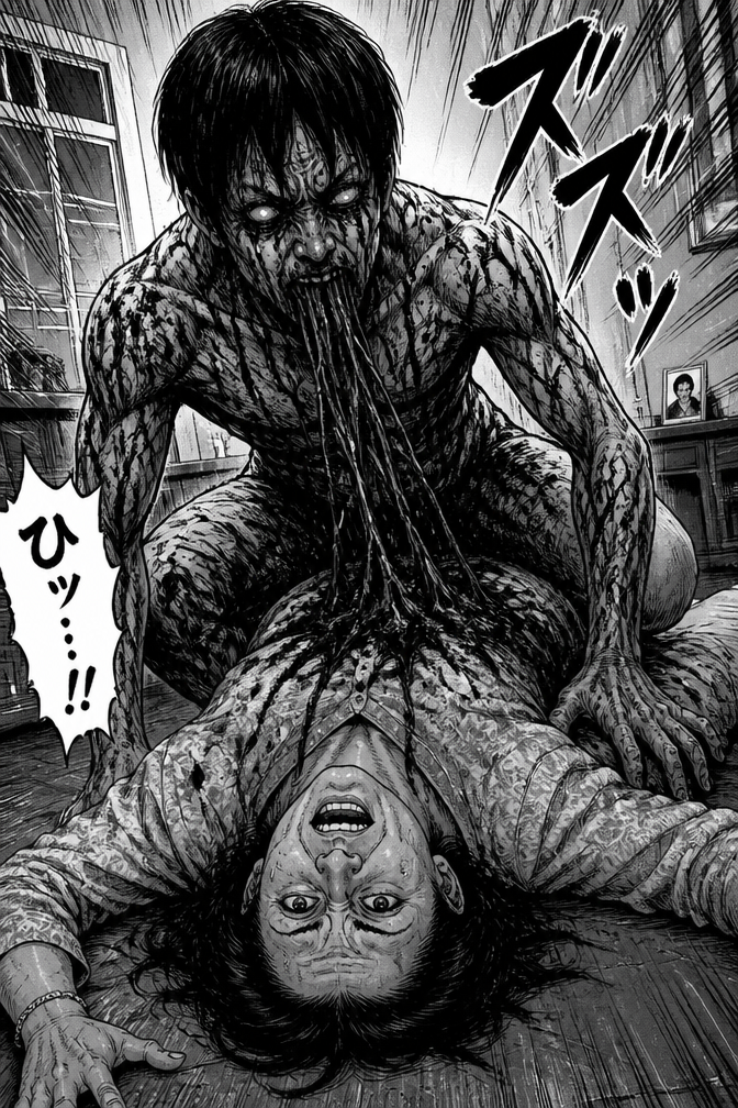 manga ka panel ek ghar jisme ek anomaly ak woman ko kha raha ho uski age 40 year ho anomaly human shape ka ho bo woman lethi ho anomaly uske uper betha hua ho usa face samne ki aur ho picture real lagni chahiye na ki ai gunrate women ke face sahma hu dra hua ho Bazaar style