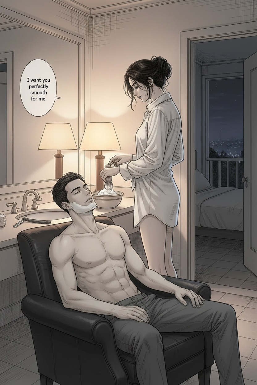 ONE SINGLE PANEL
Quiet elegant hotel bathroom at night.
Warm amber light reflected softly in the mirror, faint city lights visible beyond the doorway to the bedroom.
Sandrine stands calmly beside a seated man in a leather chair, preparing a traditional wet shave with quiet concentration. The man is shirtless.
She wears an oversized white shirt loosely tied at the waist, sleeves rolled slightly upward, barefoot against the cool tile floor.
The man sits relaxed beneath her attention, head tilted slightly back.
A shaving brush and straight razor rest beside a bowl of shaving foam on the counter.
Sandrine’s expression is focused, affectionate, quietly authoritative — fully absorbed in the intimate ritual of preparing him carefully.
The atmosphere feels ceremonial, intimate, and emotionally charged and sexual.
Subtle implication that she is grooming and preparing him intentionally for her own pleasure later.
Soft reflections in the mirror, cinematic shadows, elegant manga realism.
ONE speech bubble only:
The woman says: “I want you perfectly smooth for me.”