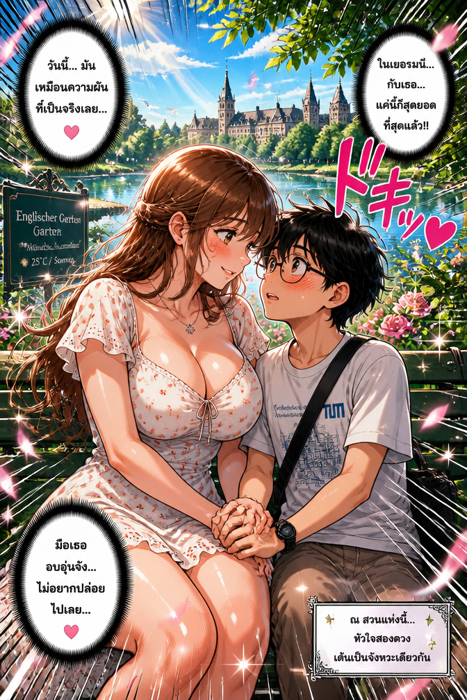Young couple; bigger girl, brown hair, white, wearing puncted dress; shorter nerd boy with glasses, black hair, thai; in a German park with a lake and nature scenery; sunny day; in a bench siting; closely holding hands; atmosphere is sparkling romantic;