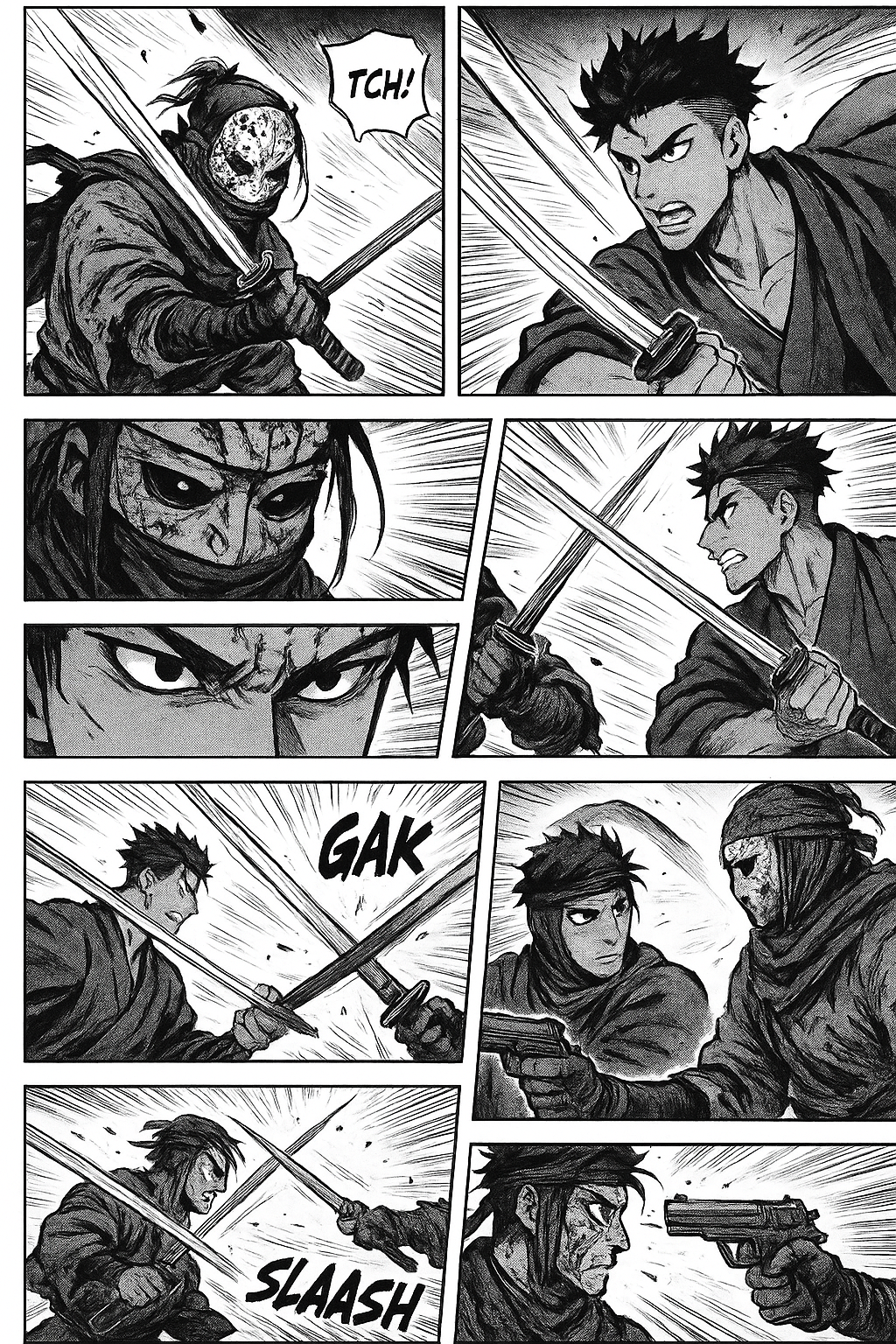 The two characters engage in a sword/katana fight. One of them shoots the other in the head with a gun.