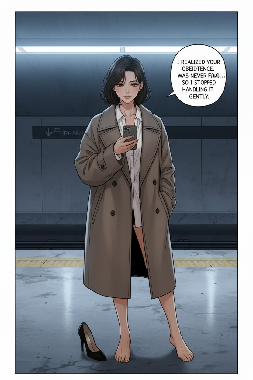 ONE SINGLE PANEL
Quiet underground metro platform after midnight.
The last train has not arrived yet. Cold fluorescent light reflects across wet concrete while distant tunnel wind moves her coat slightly.
Sandrine stands alone near the yellow line barefoot inside elegant black heels she has slipped halfway off, oversized wool coat hanging open over a white blouse.
Her short dark bob is slightly damp from the rain, expression calm, thoughtful, and quietly transformed by what she has learned about herself through him.
She checks her phone, then looks up toward the viewer with a kind of intimate certainty she did not possess months ago.
The atmosphere feels cinematic, emotionally suspended, psychologically consuming, and deeply private despite the public setting.
ONE speech bubble only. She says:
“I realized your obedience was never fragile… so I stopped handling it gently.”
