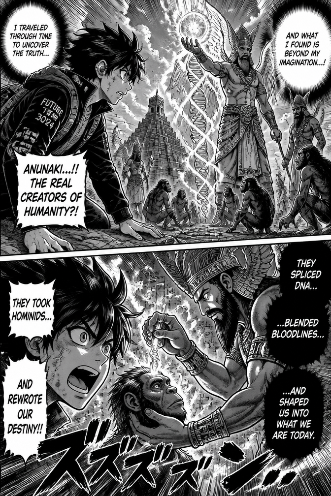 A young male character who´s from the future and travels trough time to the begining of the humanity where he finds out a real creator of humans "anunaki" (babilonian gods) who modifies hominids to create humans