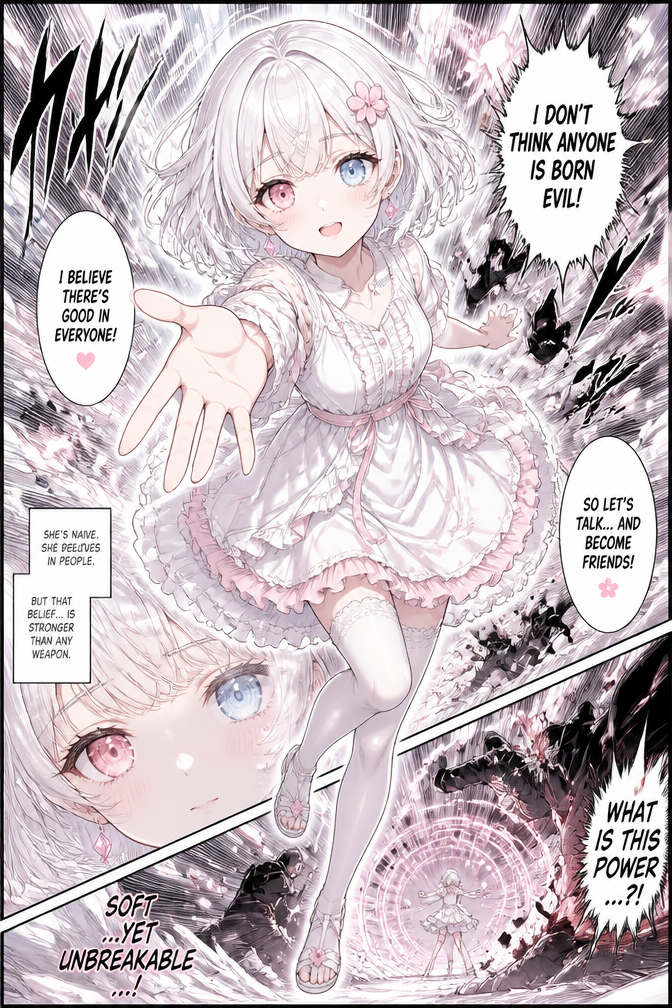 The whole page should show the protagonist, a 18 year old girl, she has white, soft, wavy hair, that's about chin length, and bangs ending just underneath her eye brows. She's wearing a small pink hair clip, that's in the shape of a flower. She has heterochrome eyes, her left one's pale blue, the right one's pale pink. She has ears, pierced with pink crystal earpiercings. She has a small delicate nose. Her lips are naturally a pale pink. She has soft, smooth, pale skin. Her boobs are very small and perky. She has a very slim figure. She is incredibly pretty. She's wearing a beautiful white dress with pale pink frills, with white stockings and white sandals. The dress reaches just above her knees, the neckline conservative, but comfortably loose. She's very kind, likes to make new friends and is smart, but also a tiny bit naive. She believes in the good of people. She's very friendly with everyone.