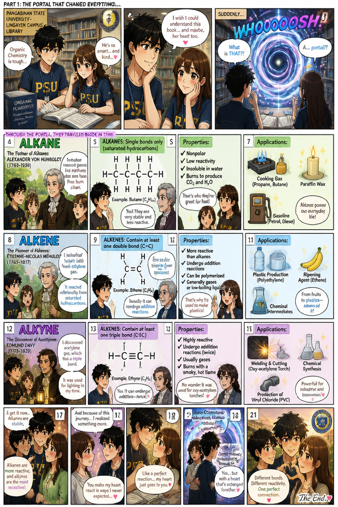FIX MY PROMPT can you make an comic strips output about (ALKANE,ALKENE,ALKYNE) AND WITH THIS RUBICS.....Objectives: By the end of this performance task, students should be able to: 1. Demonstrate understanding of the properties and applications of alkanes, alkenes, and alkynes. 2. Communicate scientific concepts through creative storytelling and visual representation. 3. Apply student choice in selecting themes, metaphors, or real-life contexts to illustrate hydrocarbon behavi 4. Showcase critical thinking and originality in connecting chemistry to everyday life. Task Create a comic strip that illustrates your chosen interpretation of alkanes, alkenes, and alkynes. You decide the storyline, characters, and setting. You may highlight chemical properties, laboratory behavior, or real-world applications. Humor, drama, or fantasy themes are welcome. Format It can be in a digital form or drawing. Minimum of 6 panels (at least 2 panels per hydrocarbon type). Include dialogue or narration that explains your chosen focus clearly. Paper type and size are your choice. Ensure neatness and readability. CAN YOU DO IT LIKE AN A LOVE STORY WITH UHM A BOY AND GIRL IN THE PANGASINAN STATE UNIVERSITY LINGAYEN CAMPUS. LIKE THEY WERE CLASSMATES IN ORGANIC CHEMISTRY COURSE THEN THE BOY LIKES HIS CLASSMATE WHICH IS THE GIRL.... SO WHILE THEY WERE IN THE LIBRARY STUDYING AND THEN SUDDENLY IT HAVE AN UNEXPECTED PORTAL. SO THEY ARE CURUIOS ABOUT IT SO THEY GO ON THAT PORTAL THEN THAT PORTAL GOES TO THE TIME THAT THE ALKANE, ALKENE, ALKYNE DISCOVERED. THEY WILL MEET WHO DISCOVERED THOSE ALKANE,ALKENE, AND ALKYNE... AND THE BOY REMEMBER THAT THE BOOK THEY STUDYING AT THE LIBRARY IS ALL ABOUT THE ALKANE,ALKENE, AND ALYKNE. AND BY GOING TO THE PORTAL THEY BOTH UNDERSTAND THE DIFFRENCE OF THE THREE. ADD PLOT TWIST THAT THEY FALL FOR EACH OTHER WHILE BEING IN THE PORTAL.. 21 PANELS 4PANELS FOR ALKANE, 4PANELS FOR ALKENE, AND LASTLY 4PANELS FOR ALKYNE... AND THE FIRST-THIRD IS THE INTRO AND THE LAST 19-21 PANELS IS FOR THE END OF THE STORY