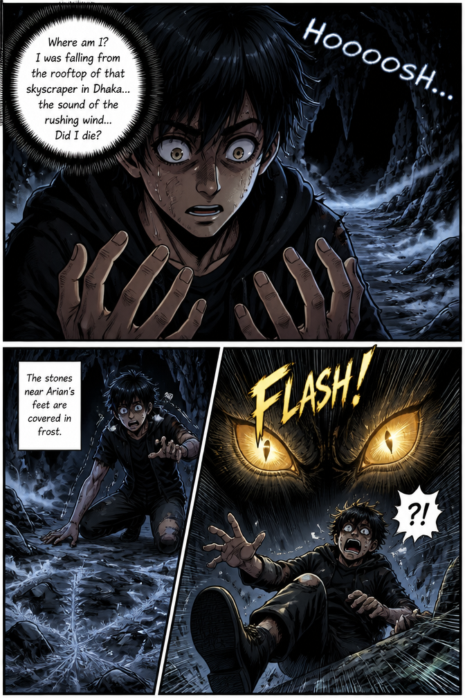 ## Page 1
### Panel 1 (Large Panel / Splash Page)
A pitch-black cave. A faint, icy mist rises from the rocky floor. The focus is on Arian’s face. His eyes are filled with terror, sweat dripping from his forehead. He stares at his own hands as if he cannot believe he is still alive.
**SFX (Ambient Sound):** *Hooooosh…* (cold wind blowing)
**Arian (thinking):**
“Where am I? I was falling from the rooftop of that skyscraper in Dhaka… the sound of the rushing wind… Did I die?”
---
### Panel 2
Arian struggles to stand up. The rocky cave floor is freezing cold.
**Narration:**
The stones near Arian’s feet are covered in frost.
---
### Panel 3
Suddenly, from the darkness, two gigantic glowing golden eyes emerge in a dramatic zoom-in. Terrified, Arian stumbles backward and falls.
**SFX:** *Flash!*