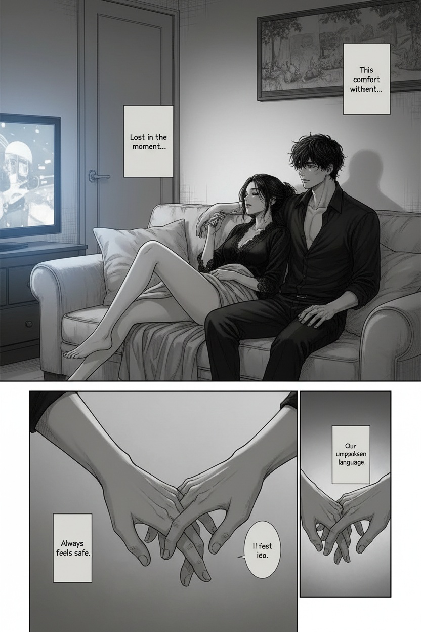 seinen manga style, black and white, soft grayscale shading, cinematic lighting
ONE SINGLE PANEL ONLY
quiet evening living room, television glow illuminating the room softly
a woman sitting relaxed on a sofa, completely covered by strategic positioning and shadows, she is nude, elegant and tasteful composition
she is leaning back against a clothed man sitting beside or slightly behind her
the man remains fully dressed in dark trousers and an open shirt, calm and composed posture
One hand disappearing subtly between her legs, action only implied
the woman’s expression relaxed, absorbed, slightly flushed, eyes half focused on the television screen
strong emphasis on intimacy, trust, and quiet tension rather than explicit sexuality
focus on contrast between her vulnerability and his composed control
soft shadows, tasteful framing.
cinematic composition, emotional realism, psychological intimacy