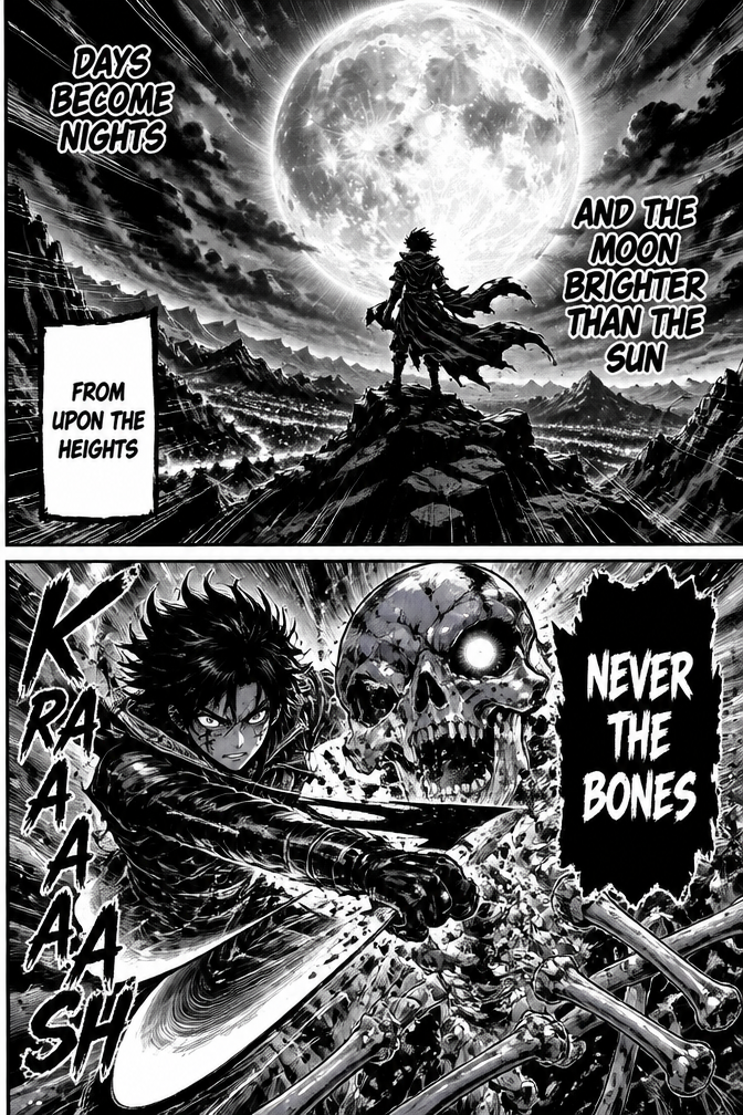 Days become nights
And the moon brighter than the sun
From upon the heights
Never the bones
