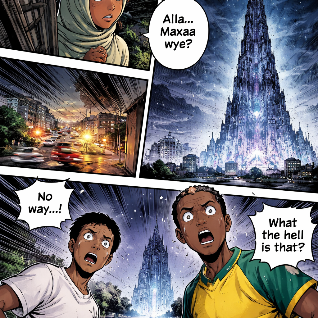 I want to make a manga about a mysterious tower appearing in Somalia during what was supposed to be a calm night.
There was a city glowing under the night sky. The streetlights were shining brightly, lighting up the roads. Cars moved steadily through the streets, their headlights cutting through the warm air. It was an unusually hot night.
Samiira suddenly woke up, feeling thirsty. She got out of bed to drink some water. As she walked back toward her room, she paused and whispered, “Why is the weather so hot tonight?”
Curious, she walked to the window and looked outside.
Her eyes widened.
“Alla… waxaas maxaa wye?” she said softly.
In the distance, something impossible stood against the skyline.
At the same time, Hassan and Mowliid, two close friends, were walking home after playing football at the Champions field. Laughing and talking about the game, they suddenly stopped.
They saw it too.