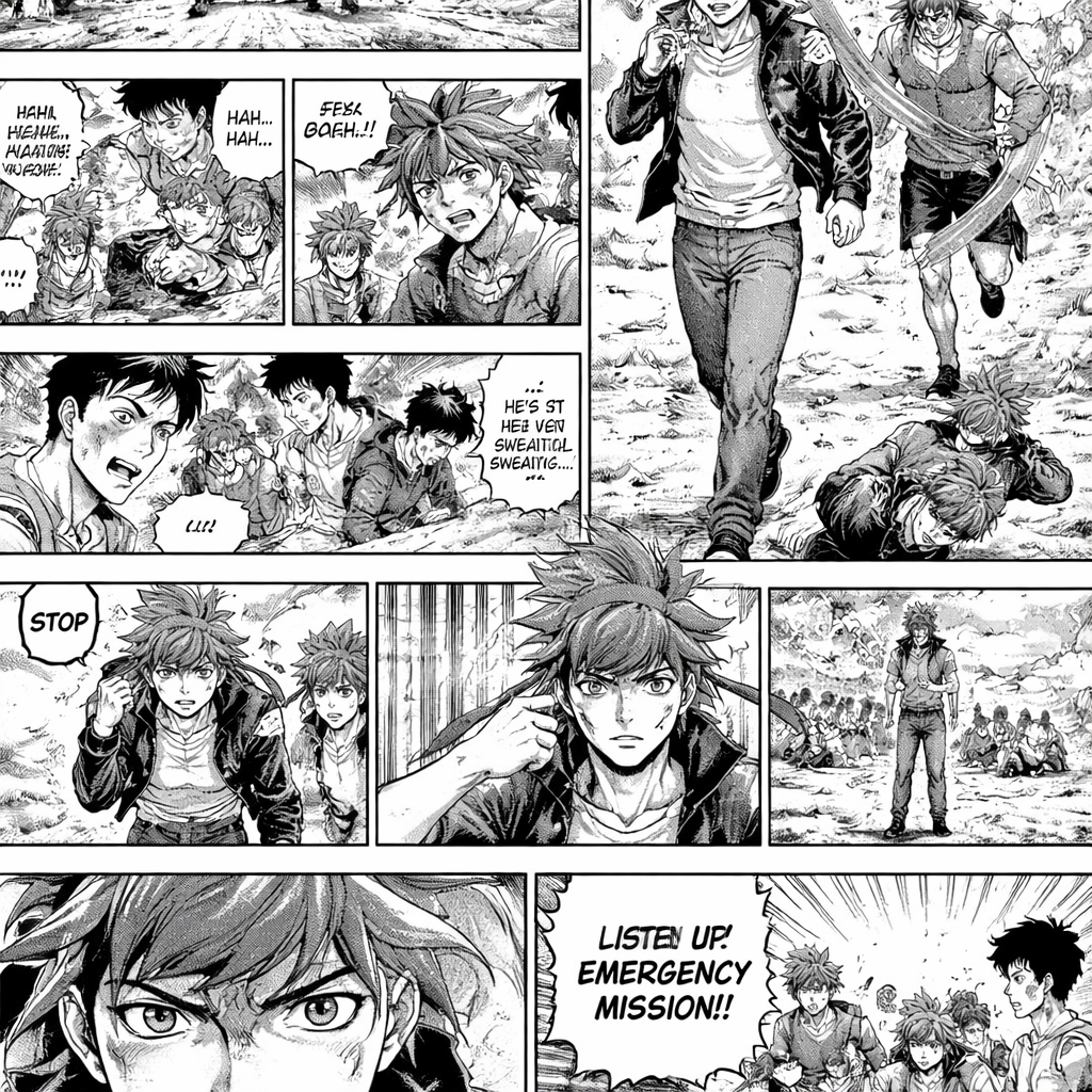 Black-and-white Japanese manga page, professional shonen manga style, detailed ink lines, manga screentones, cinematic storytelling, dynamic panel composition, 12 panels layout.
Character: Spiker — teenage boy with orange hair, red headband, black jacket, grey pants, black shoes with white soles, athletic build, calm and focused personality.
Scene: sunrise military training academy. Multiple trainees running and training intensely while exhausted. Spiker remains calm and composed, standing out naturally without showing off. Other trainees whisper about him. Instructor announces emergency mission at the end.
Panel layout (12 panels):
Wide establishing shot of training field at sunrise.
Close-up running boots hitting ground.
Exhausted trainees sweating.
Trainee collapsing from exhaustion.
Instructor blowing whistle and shouting.
Spiker running calmly.
Trainees whispering about him.
Close-up of Spiker stopping at finish line.
Spiker standing while others collapse behind him.
Close-up tying red headband.
Close-up intense eyes.
Large dramatic panel — instructor announcing emergency mission, shocked reactions.
Dynamic shonen manga style, strong perspective, speed lines, expressive faces, dramatic lighting, professional manga pacing, high-detail black-and-white ink artwork.