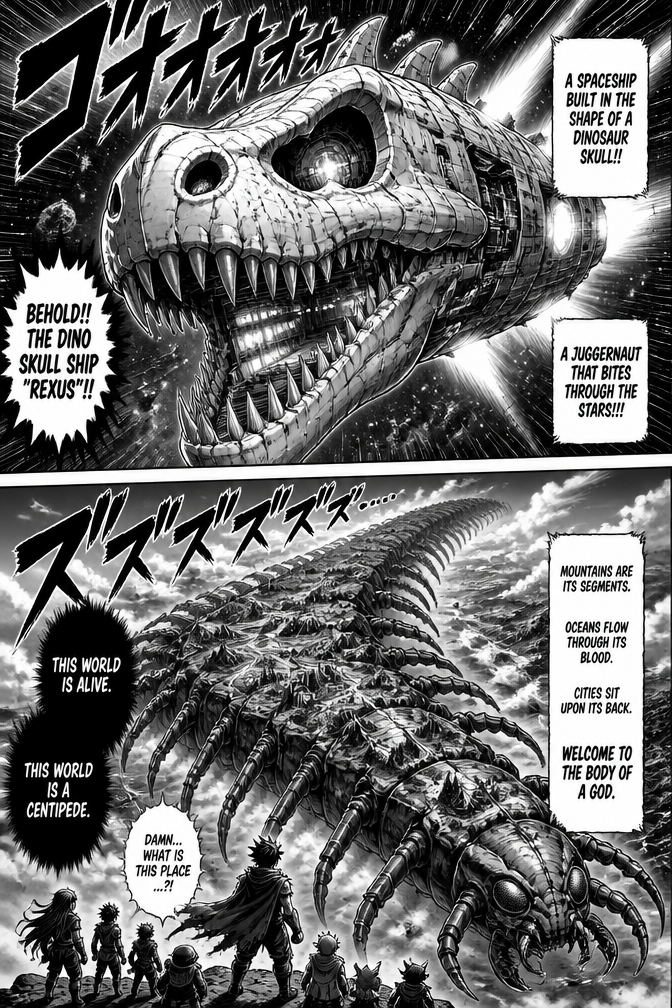 a spaceship made in the shape of a dinosaur skull
also a world based on the body of a centipede