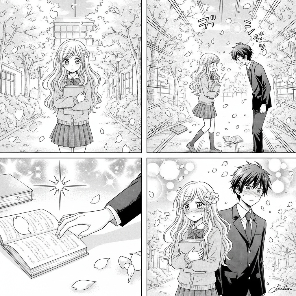 **Panel 1:**
Shy girl with long hair holding books walking under cherry blossom trees at school

**Panel 2:**
Girl bumps into tall boy with dark hair, books falling, pink petals floating around them

**Panel 3:**
Close-up of their hands touching while reaching for the same book on the ground

**Panel 4:**
Both standing and blushing while looking away from each other, cherry blossoms falling