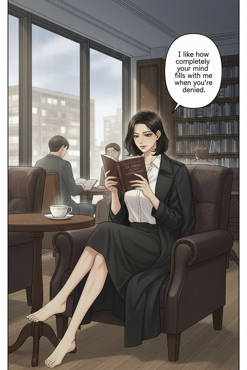 ONE SINGLE PANEL
Quiet bookstore café during heavy rain.
Warm reading lamps glow softly against dark wooden shelves while jazz plays faintly in the background.
Sandrine sits alone curled sideways in a leather armchair barefoot beneath a long black coat, elegant white blouse slightly open at the collar.
Her short dark bob frames her face sharply while she marks a passage in a French novel with one finger.
A coffee cools untouched beside her as she looks toward the viewer with calm fascination and quiet authority.
The atmosphere feels intellectual, intimate, psychologically consuming, and deeply private.
NO explicit anatomy
NO explicit sexuality
NO graphic nudity
ONE speech bubble only. She says:
“I like how completely your mind fills with me when you’re denied.”