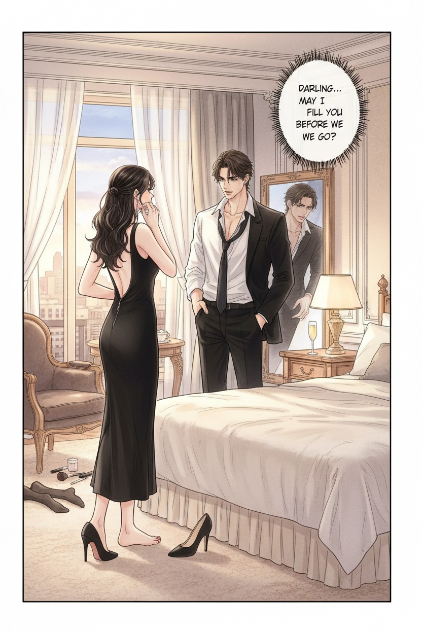 ONE SINGLE PANEL
Elegant hotel bedroom just before evening dinner.
Warm golden light from bedside lamps mixed with fading twilight beyond the curtains.
Sandrine stands near a large mirror adjusting an earring, oversized white shirt replaced now by an elegant black dress partially zipped at the back.
One bare foot still rests against the carpet while the other slips into a high heel beside the bed.
A man stands close behind her in an open dress shirt, jacket still undone, looking at her with affectionate intensity and restrained hunger.
The atmosphere carries the lingering intimacy of the afternoon beneath the composure required for going out together.
Sandrine’s reflection in the mirror catches his gaze knowingly.
The room feels emotionally charged, intimate, sophisticated, and suspended in the quiet moment before returning to the outside world.
NO explicit sexuality
NO nudity
NO explicit anatomy
ONE speech bubble only. He says:
“Darling… may I fill you before we go?”