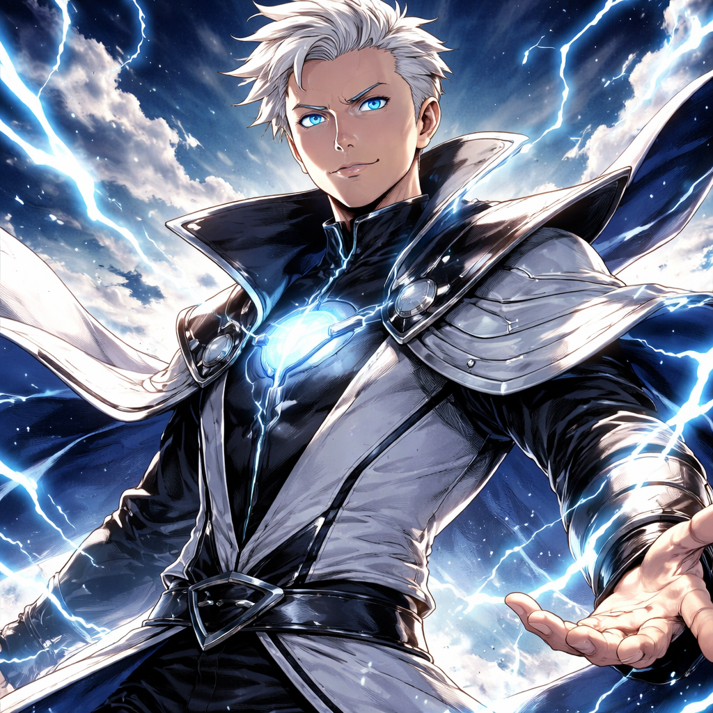 Ultra detailed manga illustration of Elon Musk reimagined as a powerful anime character, inspired by a white-haired sorcerer aesthetic, sharp jawline, confident calm expression, glowing blue eyes, modern futuristic outfit mixed with anime battle uniform, standing in a dramatic pose, energy aura surrounding him, cinematic lighting, Japanese manga art style, clean line art, high contrast shading, dynamic perspective, anime key visual, ultra sharp focus, 4K quality, dramatic sky background, heroic and mysterious vibe