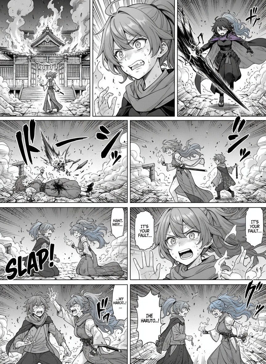 Shrine in Flames
The shrine is attacked by a mysterious woman—Akirame’s lieutenant, later revealed as the 2nd Caravan. Reika fights valiantly but is mortally wounded. Her final words urge Haruto and Yukari to unite. Haruto slaps Yukari in grief, and the emotional tension between them explodes.