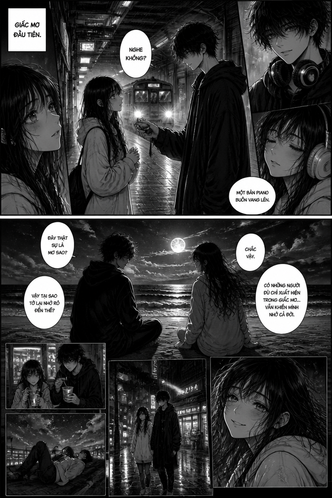 ```txt
PHONG CÁCH:
manga điện ảnh trắng đen, nét vẽ cực kì chi tiết, atmosphere buồn và cô đơn, cinematic anime style, cảm xúc sâu, ánh sáng mềm, vibe giống phim Nhật về giấc mơ và nỗi cô độc.
TONE:
u ám nhưng dịu dàng, chữa lành, cảm giác trống rỗng kéo dài, lonely aesthetic, dreamcore, emotional romance.
NHÂN VẬT:
1. Hạ An
- nữ, 19 tuổi
- tóc đen dài hơi rối
- mắt buồn, quầng thâm nhẹ vì mất ngủ
- da trắng nhợt
- dáng người gầy
- thường mặc hoodie rộng màu sáng hoặc áo len đơn giản
- khí chất cô độc, mong manh như sắp tan biến
2. Tần Phong
- nam, khoảng 20 tuổi
- cao, gầy
- mặc áo khoác đen rộng
- tóc hơi dài che một phần mắt
- ánh mắt dịu nhưng rất buồn
- đeo headphone màu bạc cũ
- cảm giác vừa xa lạ vừa quen thuộc
- giống kiểu người chỉ tồn tại trong giấc mơ
KỊCH BẢN:
CẢNH 1 — CĂN PHÒNG CỦA HẠ AN
Một căn phòng nhỏ trong chung cư cũ.
Tường trắng đã ngả vàng theo thời gian.
Ánh nắng chiều nhạt chiếu qua cửa sổ.
Có một chậu cây héo đặt bên cạnh.
Hạ An nằm trên giường nhìn lên trần nhà.
Ánh mắt vô hồn.
Điện thoại nằm bên cạnh nhưng không có tin nhắn nào.
Không khí cực kì yên tĩnh và cô đơn.
Góc máy:
wide shot từ góc phòng, thấy toàn bộ căn phòng trống trải.
Chi tiết:
sách vở phủ bụi, rèm cửa bay nhẹ, ánh sáng nhạt, bóng đổ dài trên sàn nhà.
Cảm xúc:
trống rỗng, mất phương hướng, cảm giác bị thế giới bỏ quên.
—
CẢNH 2 — GIẤC MƠ ĐẦU TIÊN
Một sân ga tàu điện ngầm cũ kỹ.
Không có ai ngoài Hạ An.
Đèn trên trần chập chờn.
Không khí lạnh và mờ sương.
Từ phía xa, Tần Phong bước tới.
Cậu mặc áo khoác đen rộng.
Tai đeo headphone bạc.
Gió nhẹ làm tóc cậu bay.
Khoảnh khắc Hạ An nhìn thấy cậu, trái tim cô bỗng dịu lại.
Tần Phong tháo một bên tai nghe rồi đưa cho cô.
Lời thoại:
“Nghe không?”
Hạ An đeo tai nghe.
Một bản piano buồn vang lên.
Hai người đứng cạnh nhau trong im lặng.
Góc máy:
cinematic medium shot, ánh sáng tàu điện phản chiếu lên gương mặt họ.
Chi tiết:
sương lạnh, ánh đèn neon trắng, bóng tàu điện kéo dài dưới nền ga.
Cảm xúc:
ấm áp giữa cô đơn, cảm giác tìm được nơi thuộc về.
—
CẢNH 3 — BỜ BIỂN TRONG MƠ
Biển đêm tối đen.
Ánh trăng phản chiếu trên mặt nước.
Tần Phong ngồi trên cát.
Hạ An ngồi xuống cạnh cậu.
Gió biển thổi tóc cả hai bay nhẹ.
Lời thoại:
Hạ An:
“Đây thật sự là mơ sao?”
Tần Phong:
“Chắc vậy.”
Hạ An:
“Vậy tại sao tớ lại nhớ rõ đến thế?”
Tần Phong im lặng vài giây rồi nói:
“Có những người dù chỉ xuất hiện trong giấc mơ… vẫn khiến mình nhớ cả đời.”
Hạ An nhìn cậu rất lâu.
Ánh mắt run nhẹ.
Góc máy:
wide cinematic shot từ phía sau lưng hai người nhìn ra biển.
Chi tiết:
sóng biển phản sáng, trời đầy mây, không khí lạnh và yên tĩnh.
Cảm xúc:
romance buồn, dịu dàng, nhớ nhung.
—
CẢNH 4 — THÀNH PHỐ GIẤC MƠ
Một con phố đêm không tồn tại ngoài đời thực.
Đèn neon phản chiếu xuống mặt đường ướt mưa.
Tiệm tiện lợi mở nhạc jazz cũ.
Hạ An và Tần Phong đi cạnh nhau trong im lặng.
Có lúc cả hai ngồi trong cửa hàng tiện lợi ăn mì ly.
Có lúc nằm trên sân thượng nhìn trời gần sáng.
Hạ An cười nhẹ lần đầu tiên sau rất lâu.
Chi tiết:
ánh đèn xanh đỏ phản chiếu trên kính, mưa nhỏ, hơi nước lạnh.
Cảm xúc:
bình yên mong manh, hạnh phúc nhỏ bé giữa thế giới cô độc.
—
CẢNH 5 — HIỆN THỰC
Mẹ Hạ An bị sốt.
Ngoài trời mưa rất lớn.
Hạ An lần đầu bước ra ngoài sau nhiều tuần.
Thành phố đông nghịt người.
Đèn xe nhòe đi trong nước mưa.
Cô vô tình va phải một chàng trai.
Túi thuốc rơi xuống đất.
Chàng trai cúi xuống nhặt giúp cô.
Khoảnh khắc Hạ An ngẩng đầu lên —
đó chính là gương mặt giống hệt Tần Phong.
Thời gian như ngừng lại.
Lời thoại:
“Bạn có bị thương không?”
Giọng nói trầm và dịu.
Hạ An đứng chết lặng giữa mưa.
Góc máy:
close-up đôi mắt Hạ An run nhẹ khi nhìn thấy cậu.
Chi tiết:
mưa rơi trên tóc và vai áo, ánh đèn xe phản chiếu lên mặt đường ướt.
Cảm xúc:
định mệnh, nghẹn ngào, trái tim sống lại sau thời gian dài ngủ yên.
PHONG CÁCH VẼ:
masterpiece manga panel, ultra detailed lineart, cinematic anime lighting, emotional storytelling, makoto shinkai atmosphere, realistic emotion, dreamcore aesthetic, black and white manga screentone.
TRÁNH:
low quality, blurry, bad anatomy, extra fingers, ugly face, distorted eyes, watermark, text lỗi, background sơ sài, biểu cảm cứng.
```