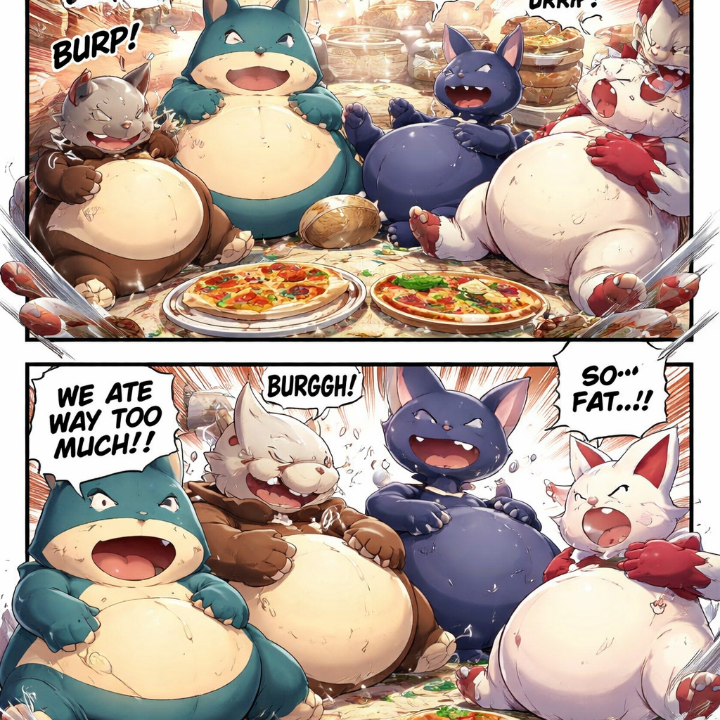 Munchlax,marowak, sneasel and zangoose belly fat in the kitchen they were gain weight and fatter after eating too much