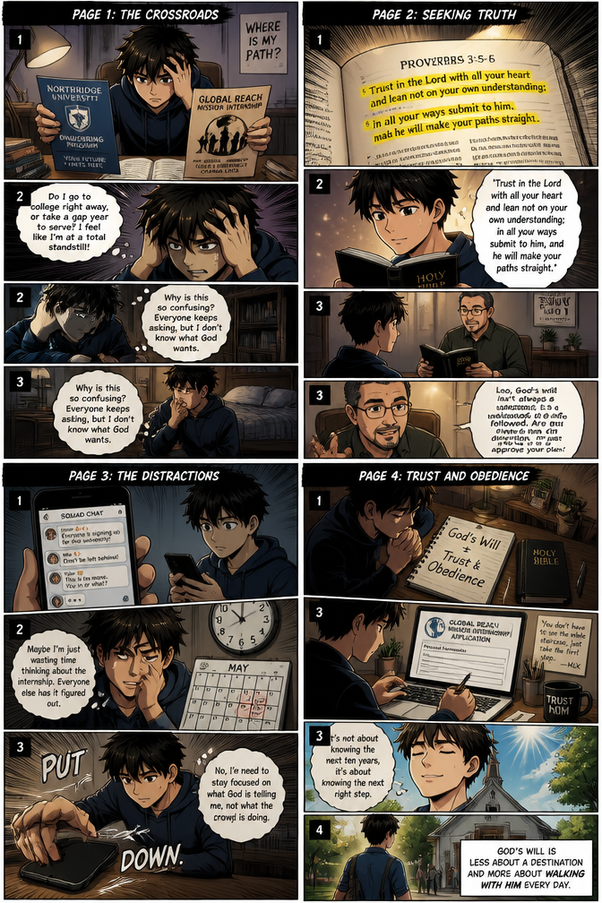 ### Title: The Uncharted Path
**Main Character:** Leo, a high school junior.
#### Page 1: The Crossroads
* **Panel 1:** Leo is sitting at his desk, looking overwhelmed at a brochure for a university program versus an invitation to a mission-based internship.
* **Panel 2 (Thought Bubble):** Leo looking stressed. *“Do I go to college right away, or take a gap year to serve? I feel like I’m at a total standstill!”*
* **Panel 3:** Leo talking to himself. *“Why is this so confusing? Everyone keeps asking, but I don’t know what God wants.”*
* **Panel 4:** Leo kneeling by his bed, hands folded. *“Lord, I’m scared of making the wrong choice. Please show me the way.”*
#### Page 2: Seeking Truth
* **Panel 1:** Close-up of an open Bible. The verse **Proverbs 3:5-6** is highlighted.
* **Panel 2:** Leo reading with a peace-filled expression. *“‘Trust in the Lord with all your heart and lean not on your own understanding; in all your ways submit to him, and he will make your paths straight.’”*
* **Panel 3:** Leo meeting with a mentor (an older church leader).
* **Panel 4 (Dialogue):** Mentor: *“Leo, God’s will isn’t always a secret to be unlocked; it’s a relationship to be followed. Are you asking Him for direction, or just asking Him to approve your plan?”*
#### Page 3: The Distractions
* **Panel 1:** Leo is on his phone. Friends are texting him: *“Everyone is signing up for this university! Don’t be left behind!”*
* **Panel 2:** Leo looks anxious, looking at the clock and his calendar. *“Maybe I’m just wasting time thinking about the internship. Everyone else has it figured out.”*
* **Panel 3:** Leo pauses, takes a deep breath, and puts his phone down. *“No, I need to stay focused on what God is telling me, not what the crowd is doing.”*
#### Page 4: Trust and Obedience
* **Panel 1:** Leo is sitting in quiet prayer, looking at a notepad where he has written *“God’s Will = Trust & Obedience.”*
* **Panel 2:** Leo takes a step forward, writing the application for the mission internship.
* **Panel 3:** Leo feeling a sense of relief and quiet joy. *“It’s not about knowing the next ten years, it’s about knowing the next right step.”*
* **Panel 4:** Leo walking into the church with a smile. The final caption reads: *“God’s will is less about a destination and more about walking with Him every day.”*