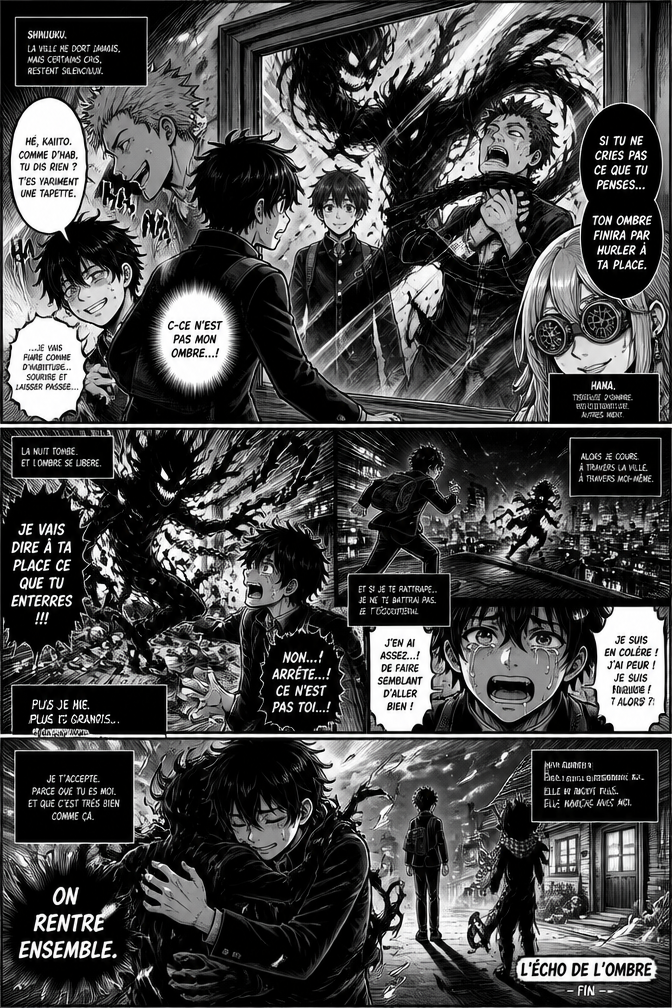 Titre : L'Écho de l'Ombre (Kage no Kodō)
Genre : Seinen / Fantastique Urbain / Drame
Thème : Le poids des non-dits et l'acceptation de soi.
1. Le Pitch
Dans la mégalopole de Shinjuku, une étrange maladie appelée "L'Ombre Lourde" frappe ceux qui répriment trop intensément leurs émotions. Leur ombre gagne en épaisseur, en noirceur, et finit par prendre une forme monstrueuse qui agit à leur place pendant la nuit. Kaito, un lycéen effacé qui ne dit jamais "non", voit son ombre commencer à se détacher du sol...
2. Personnages Principaux
Kaito (17 ans) : Toujours souriant, il évite les conflits à tout prix. Son ombre est devenue anormalement longue et griffue.
Hana : Une "Tisseuse d'Ombre" excentrique qui porte des lunettes spéciales pour voir la véritable forme des émotions. Elle devient le mentor réticent de Kaito.
3. Structure de l'histoire (Format "One-Shot")
Acte I : L'anomalie
Kaito subit les brimades d'un camarade de classe sans réagir. En rentrant chez lui, il passe devant une vitrine et remarque que son reflet est normal, mais que son ombre dans le miroir étrangle l'ombre du reflet du camarade. Pris de panique, il rencontre Hana qui l'avertit : "Si tu ne cries pas ce que tu penses, ton ombre finira par hurler à ta place."
Acte II : La rupture
Le soir même, alors que la frustration de Kaito atteint son paroxysme, son ombre se détache partiellement et commence à saccager sa chambre. Kaito réalise que l'ombre s'apprête à sortir pour s'en prendre à ceux qu'il déteste secrètement. Il doit la poursuivre à travers les toits de la ville. Le combat n'est pas physique, mais mental : plus Kaito nie sa colère, plus l'ombre grandit.
Acte III : La fusion
Kaito rattrape son ombre devant la maison de son oppresseur. Au lieu de combattre l'ombre, il l'enlace. Il accepte enfin sa propre colère et ses faiblesses. L'ombre se stabilise et reprend sa place au sol. Elle ne disparaît pas, mais elle change de forme : elle porte désormais un petit détail qui reflète la personnalité authentique de Kaito.
4. Note d'intention visuelle
Contrastes forts : Utilisation massive du noir (aplats d'encre) pour les ombres.
Symbolisme : Les émotions refoulées apparaissent comme des chaînes brisées autour de l'ombre de Kaito.
Rythme : Des cases très denses et oppressantes au début, qui s'aèrent et deviennent plus lumineuses vers la fin.