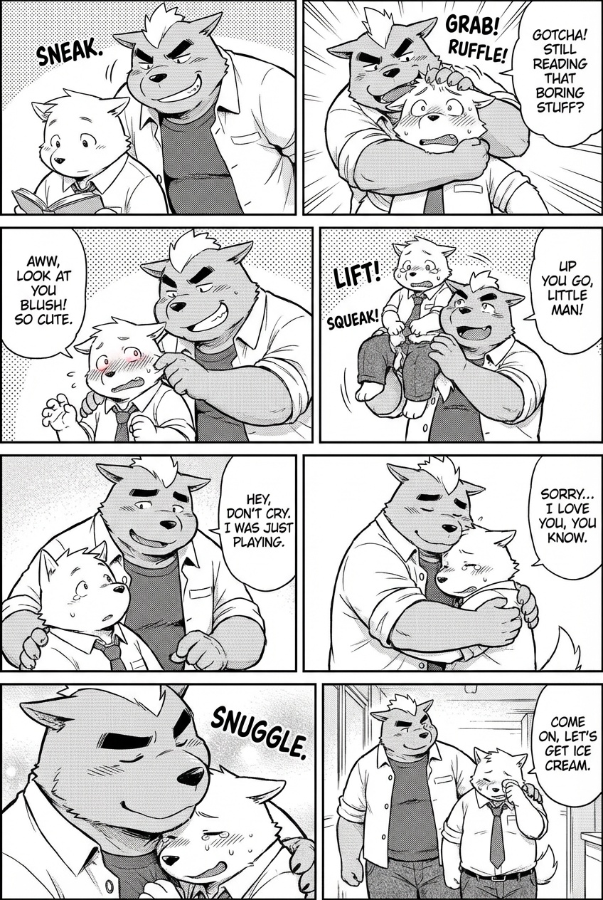 the big guy teasing and hugging the small one affectionately but still keep the personality of each character obviously(one is pretty shy, introverted and crybaby and the other one who is bigger is playful and also bullying and also strong and can playfully tease and bully the small one easily and he obviously loves the small one)