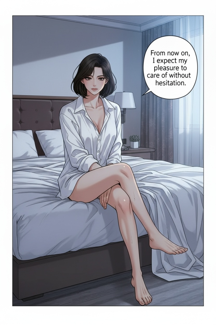 ONE SINGLE PANEL
Quiet hotel suite just before sunrise.
Soft blue morning light spills gently across tangled white sheets and the lingering warmth of the night before.
Sandrine sits alone at the edge of the bed barefoot in an oversized white shirt, short dark bob messy from sleep.
One leg crosses slowly over the other while she watches the viewer with calm intelligence and quiet authority.
The room feels ritualistic, intimate, and emotionally consuming.
NO explicit anatomy
NO explicit sexuality
NO graphic nudity
ONE speech bubble only. She says:
“From now on, I expect my pleasure to be taken care of without hesitation.”
