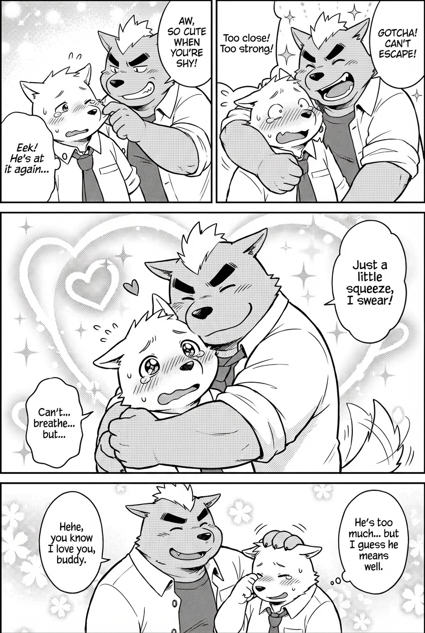 the big guy teasing and hugging the small one affectionately but still keep the personality of each character obviously(one is pretty shy, introverted and crybaby and the other one who is bigger is playful and also bullying and also strong and can playfully tease and bully the small one easily and he obviously loves the small one)