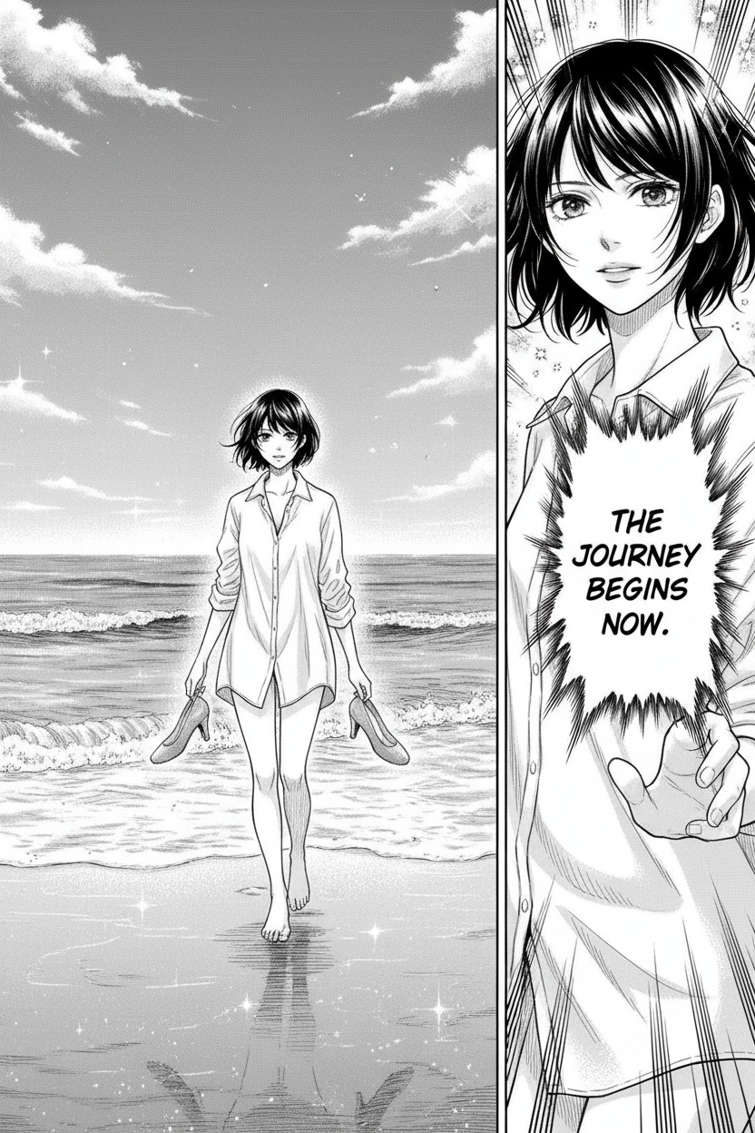 ONE SINGLE PANEL
Quiet deserted beach at dusk.
Soft ocean mist drifts through the fading blue-grey light while waves roll slowly onto the sand.
Sandrine walks barefoot along the shoreline in an oversized white linen shirt, her heels dangling loosely from one hand.
Her short dark bob moves lightly in the sea breeze while the wet sand reflects the last traces of evening light beneath her feet.
She turns her head toward the viewer mid-step with calm affection and quiet authority, expression thoughtful and deeply certain.
The atmosphere feels intimate, emotionally consuming, and psychologically overwhelming through tenderness rather than force.
NO explicit anatomy
NO explicit sexuality
NO graphic nudity
ONE speech bubble only. She says:
“What should excite you most is that I allow you to pleasure me.”