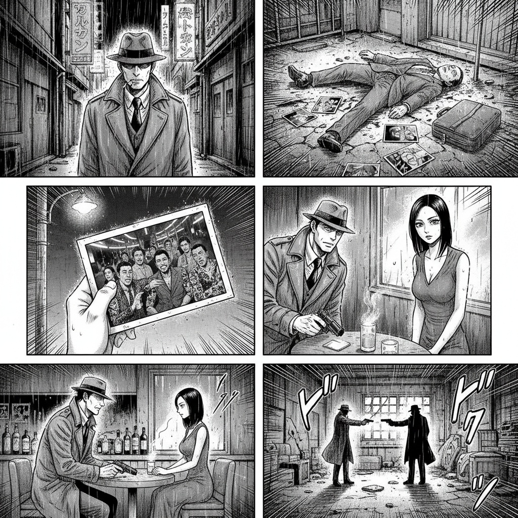 Panel 1:
Detective in trench coat smoking cigarette in dark rainy Tokyo alley with neon signs
Panel 2:
Dead businessman lying on wet pavement with briefcase open showing scattered photos
Panel 3:
Mysterious woman in red dress watching from apartment window above the crime scene
Panel 4:
Detective examining a photo showing the victim with yakuza members at a nightclub
Panel 5:
Detective confronting the woman at a dimly lit bar, gun hidden under his coat
Panel 6:
Silhouette of detective and woman pointing guns at each other in abandoned warehouse