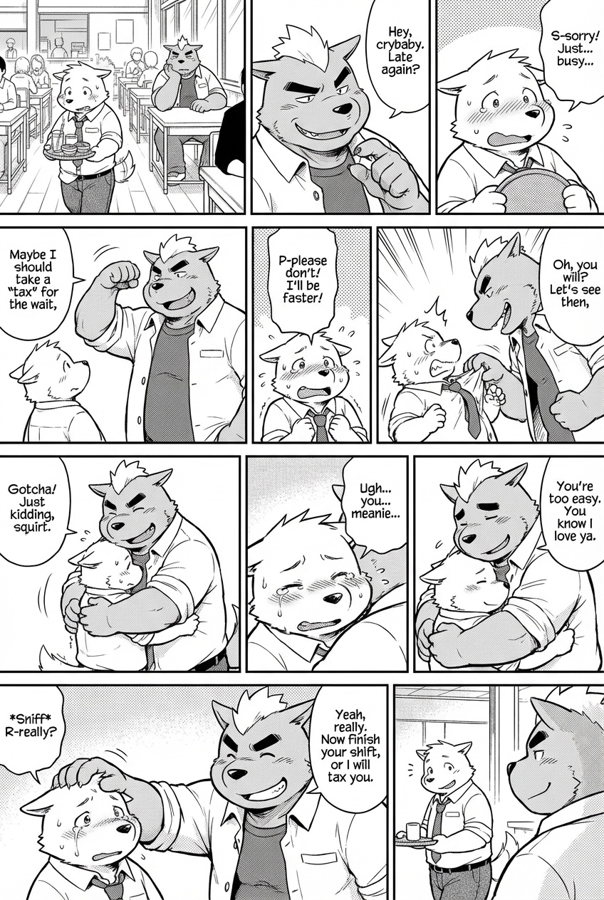 the big guy teasing and hugging the small one affectionately but still keep the personality of each character obviously(one is pretty shy, introverted and crybaby and the other one who is bigger is playful and also bullying and also strong and can playfully tease and bully the small one easily and he obviously loves the small one)