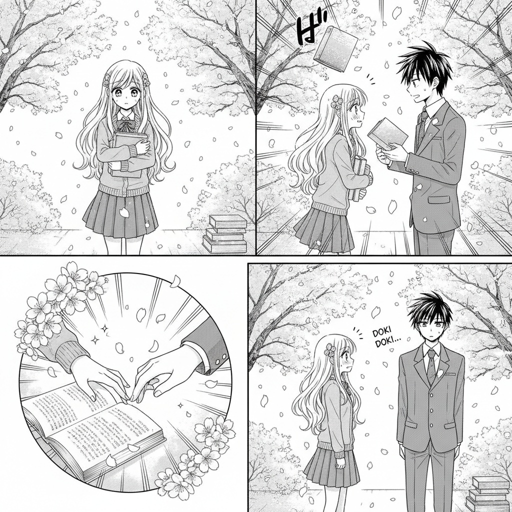 Shy girl with long hair holding books walking under cherry blossom trees at school

Girl bumps into tall boy with dark hair, books falling, pink petals floating around them

Close-up of their hands touching while reaching for the same book on the ground

Both standing and blushing while looking away from each other, cherry blossoms falling