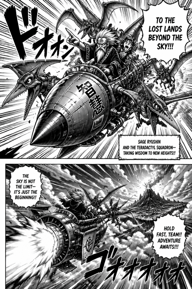 A rocket powered machine manned by a Sage and his team of teradactyle dinosaur.