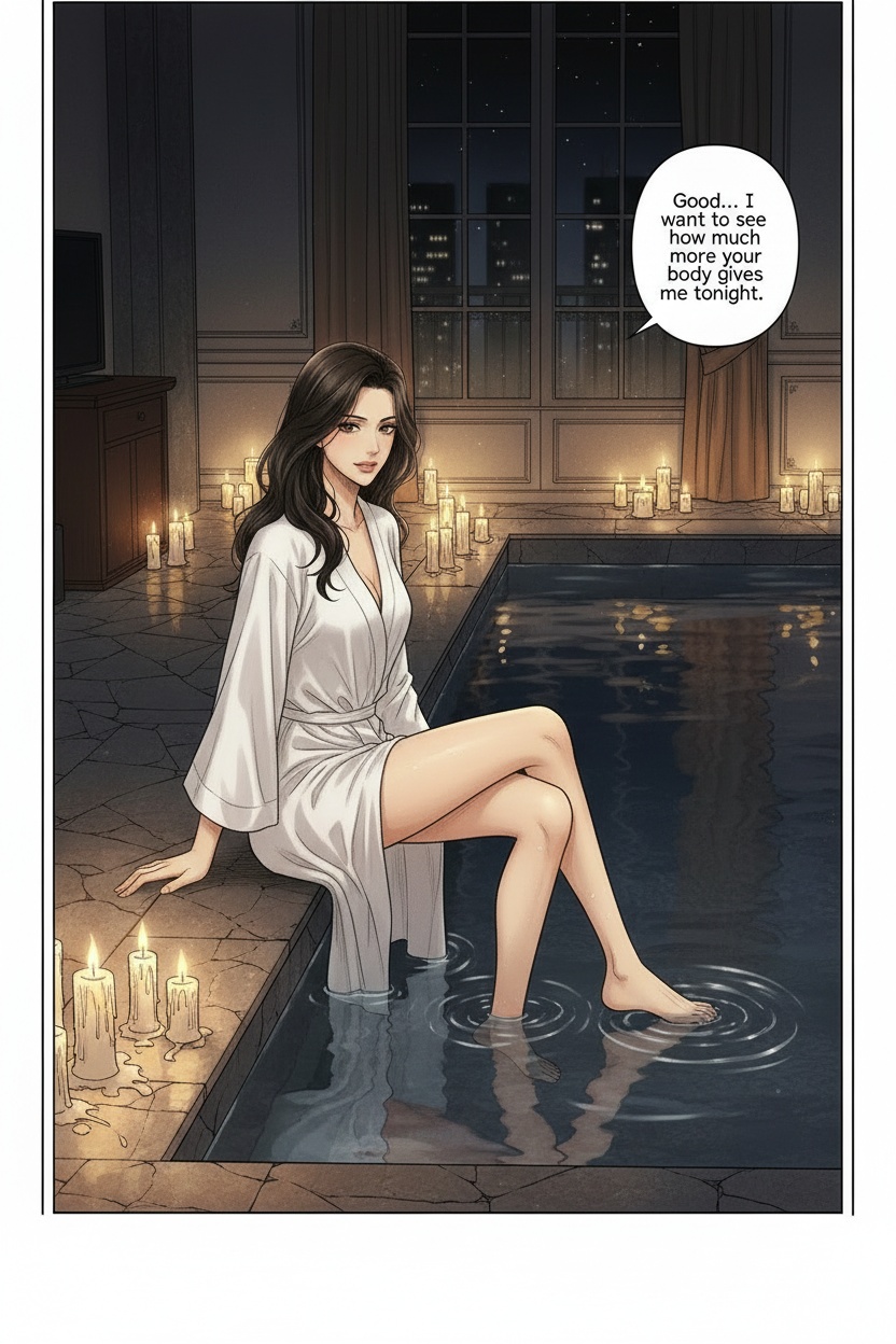 ONE SINGLE PANEL
Quiet luxury hotel spa after closing hours.
Soft candlelight reflects across dark stone and still water while distant rain taps softly against tall windows.
Sandrine sits alone at the edge of the pool barefoot in a loose white robe, one foot slowly tracing circles through the water.
Her damp hair falls loosely around her shoulders while she studies the viewer with calm intelligence and quiet amusement.
The atmosphere feels decadent, intimate, psychologically consuming, and deeply private.
NO explicit anatomy
NO explicit sexuality
NO graphic nudity
ONE speech bubble only. She says:
“Good… I want to see how much more your body gives me tonight.”