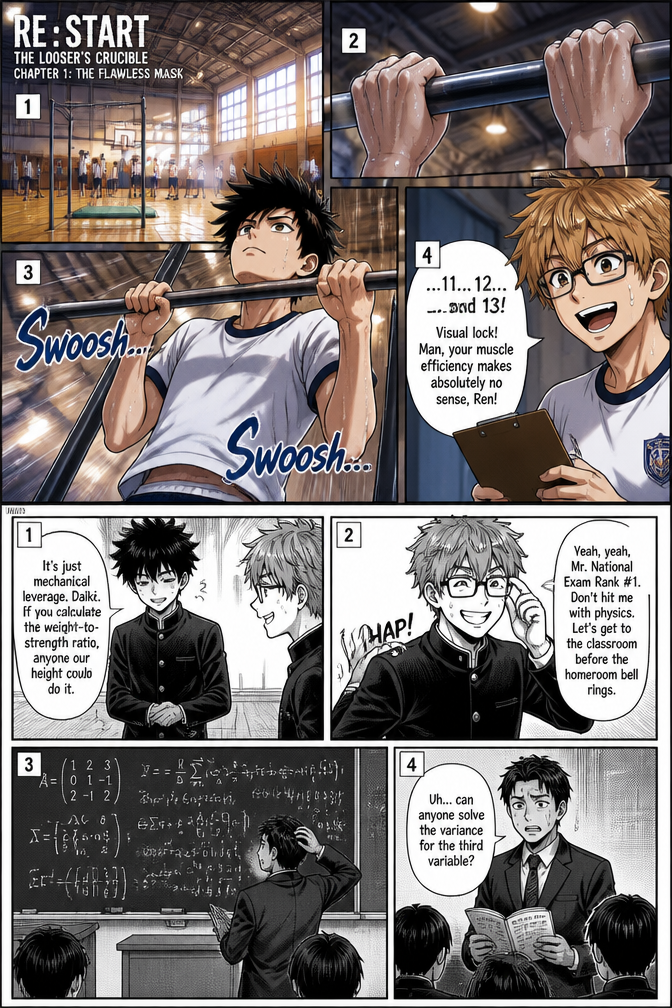 # MANGA MANUSCRIPT: "RE:START — THE LOOSER'S CRUCIBLE"
## CHAPTER 1: The Flawless Mask
### **Character Visual Profiles (Manga Color Pages)**
* **Ren (Bosh Qahramon):**
14 years old, short stature (158 cm), thin but deceptively dense frame. He has pale white skin and sharp, intensely black hair that sticks straight up in defiant spikes—so coarse and unruly that no comb can ever tame it. He wears his school uniform with the sleeves pulled completely down past his wrists to hide his constantly sweating palms. His eyes are usually downcast and melancholic, but they spark with genius when solving equations.
* **Daiki (The Loyal Friend):**
14 years old, tall and lanky with a slight, healthy tan (a bit more yellowish/sun-kissed compared to Ren's pale skin). He has messy, dark blond (mallasoch) hair and wears stylish, rectangular glasses. He has an energetic, warm smile and is always looking out for Ren.
* **Yuka (The Class Idol):**
14 years old, classic Japanese manga art style (black-and-white ink aesthetic). She has flawlessly smooth, shoulder-length black hair with perfectly trimmed bangs, large innocent-looking eyes, and a radiant, gentle smile that completely masks the cruel, dark heart underneath.
## CHAPTER 1 SCREENPLAY / MANGA PANEL SCRIPT
### **PAGE 1 (Color Spread)**
**Panel 1:** A wide shot of the school gymnasium. The lighting is bright and cheerful. Sunlight pours through the high windows.
**Panel 2:** Close-up on a metal pull-up bar. A pair of hands is gripping it tightly. Curiously, the hands are wrapped in a thin layer of moisture, reflecting the gym lights.
**Panel 3:** Ren is pulling his chin way above the bar. His spiked black hair defies gravity as his body moves up and down effortlessly.
* **SFX:** *Swoosh... Swoosh...*
**Panel 4:** Daiki is standing below the bar, holding a clipboard, counting with a massive grin on his face.
* **Daiki:** "...11... 12... and 13! Visual lock! Man, your muscle efficiency makes absolutely no sense, Ren!"
### **PAGE 2 (Monochrome / Standard Manga Ink Style)**
**Panel 1:** Ren drops down from the bar, landing perfectly on his feet. He looks slightly tired, but his pale face has a rare, genuine smile. He immediately pulls his school uniform sleeves over his palms.
* **Ren:** "It’s just mechanical leverage, Daiki. If you calculate the weight-to-strength ratio, anyone our height could do it."
**Panel 2:** Daiki slaps Ren playfully on the back, adjusting his glasses with his other hand.
* **Daiki:** "Yeah, yeah, Mr. National Exam Rank #1. Don't hit me with physics. Let's get to the classroom before the homeroom bell rings."
**Panel 3:** A transition shot of the classroom. The blackboard is covered in incredibly complex mathematical equations. The teacher is staring at the board, completely stuck.
**Panel 4:** The teacher turns to the class, sweating.
* **Teacher:** "Uh... can anyone solve the variance for the third variable?"
### **PAGE 3**
**Panel 1:** The entire class is looking down, terrified of being called. In the very back row, next to the window, Ren is staring out at the falling cherry blossoms, looking bored.
**Panel 2:** Close-up of Ren’s desk. His hand is holding a mechanical pencil, but beneath his hand, the notebook paper is slightly wrinkled and damp from his sweat.
**Panel 3:** Ren speaks up without even looking at the board.
* **Ren:** "The variance is x = \sqrt{27.4}. The teacher forgot to invert the matrix in step four."
**Panel 4:** The teacher checks his notes, his eyes widening in shock. The students whisper in awe.
* **Student 1 (Whispering):** "Woah, the 'Human Calculator' strikes again..."
* **Student 2 (Whispering):** "He's a freak... did you see his hands? They're always slick."
### **PAGE 4**
**Panel 1:** School bell rings. **SFX:** *BRRRRIIIING!* Students are packing their bags. Ren is sitting quietly, wiping his wet palms with a hidden tissue under his desk.
**Panel 2:** A shadow falls over Ren's desk. He looks up. It’s Yuka, the most beautiful girl in the school. She is smiling down at him, hands folded behind her back.
* **Yuka:** "Um... Ren-kun? Do you have a minute?"
**Panel 3:** Ren freezes. His pale cheeks turn a bright, sudden crimson. His spiked hair seems to jitter with nervousness.
* **Ren:** "Y-Yuka-san? What's wrong?"
**Panel 4:** Yuka leans in closer, slipping a small, beautifully folded pink note onto his desk.
* **Yuka:** "I've been watching you for a long time... Your mind, your strength... it's amazing. Can you meet me at the old, abandoned park behind the school at 5:00 PM? Please don't tell anyone."
### **PAGE 5**
**Panel 1:** Yuka turns and walks away, waving cheerfully. Ren stares at the note, his heart pounding so hard it can be heard. **SFX:** *Thump-Thump!*
**Panel 2:** Daiki slides over, leaning over Ren’s shoulder, his glasses reflecting the light.
* **Daiki:** "Holy crap, Ren! The school idol just asked you out?! Is your un-combable hair finally paying off?!"
**Panel 3:** Ren holds the note tightly, his face glowing with pure, unadulterated happiness. For the first time in his life, he feels like he isn't a ghost. He feels alive.
* **Ren:** "I... I can't believe it, Daiki. Maybe... maybe my life is finally changing."
**Panel 4:** The final panel of the chapter. Ren walks out of the school gates into the evening sunset, clutching the note. But the sky in the distance is turning dark, and heavy storm clouds are rolling in, symbolizing the nightmare that awaits him in Chapter 2.
### What happens next?
This sets the stage perfectly! Chapter 1 builds him up as a happy, respected genius, making the brutal trap, the betrayal by Yuka, and the anxiety attack in Chapter 2 and 3 hit the reader ten times harder.
The next chapter **Chapter 2: The Rainy Ambush**!