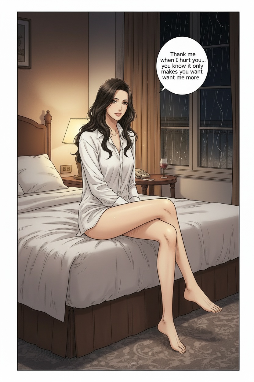 ONE SINGLE PANEL
Quiet late-night hotel room.
Warm amber light from a single bedside lamp reflects softly across tangled sheets and the slow aftermath of intimacy.
Sandrine sits alone at the edge of the bed barefoot in an oversized white shirt, dark hair slightly messy from the evening.
One leg crosses slowly over the other while her bare foot brushes absently against the carpet.
Her expression is calm, affectionate, and quietly authoritative — fully aware of the emotional and physical effect she has on him.
A half-finished glass of wine rests nearby while rain traces slowly across the windows behind her.
The atmosphere feels intimate, psychologically consuming, and deeply private rather than aggressive.
NO explicit violence
NO explicit anatomy
NO graphic sexuality
ONE speech bubble only. She says:
“Thank me when I hurt you… you know it only makes you want me more.”