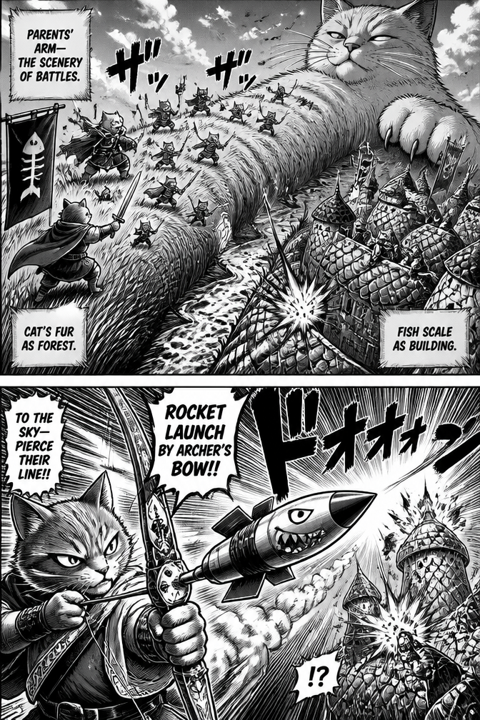 Parents arm scenery of battles. Cat's fur as forest and fish scale as building. Rocket launch by Archer's bow