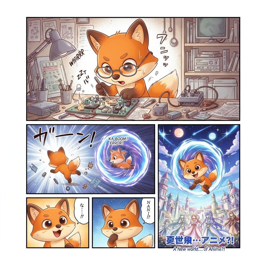 Персонаж с картинки ремонтуючи електронні компоненти відкриває портал у інший вимір. Це світ Аніме
