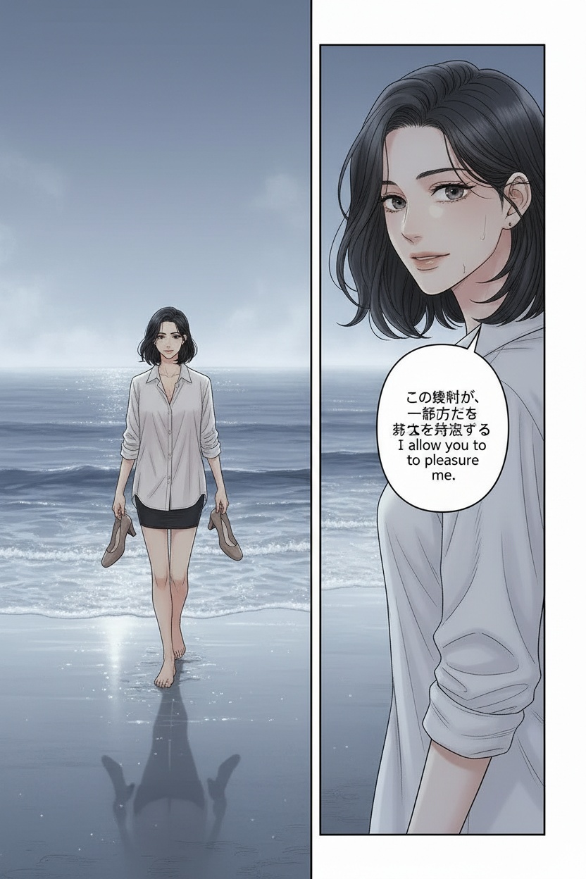 ONE SINGLE PANEL
Quiet deserted beach at dusk.
Soft ocean mist drifts through the fading blue-grey light while waves roll slowly onto the sand.
Sandrine walks barefoot along the shoreline in an oversized white linen shirt, her heels dangling loosely from one hand.
Her short dark bob moves lightly in the sea breeze while the wet sand reflects the last traces of evening light beneath her feet.
She turns her head toward the viewer mid-step with calm affection and quiet authority, expression thoughtful and deeply certain.
The atmosphere feels intimate, emotionally consuming, and psychologically overwhelming through tenderness rather than force.
NO explicit anatomy
NO explicit sexuality
NO graphic nudity
ONE speech bubble only. She says:
“What should excite you most is that I allow you to pleasure me.”