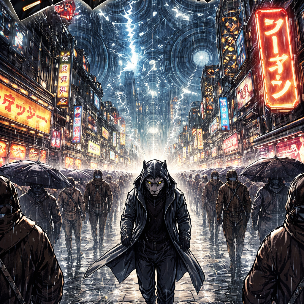 A cinematic wide shot of a bustling, rain-drenched metropolis at night. Massive skyscraper-sized gears turn slowly in the background, illuminated by jagged bolts of lightning and the toxic glow of neon ramen signs. In the center of the frame, a lone, hooded figure—a lean anthropomorphic wolf—walks through a crowd of indifferent pedestrians. The "camera" is at a high angle, making the character look small against the overwhelming scale of the mechanical city. The series title, SENSHI GA KATSU, is etched across the top in bold, sharp-edged typography.