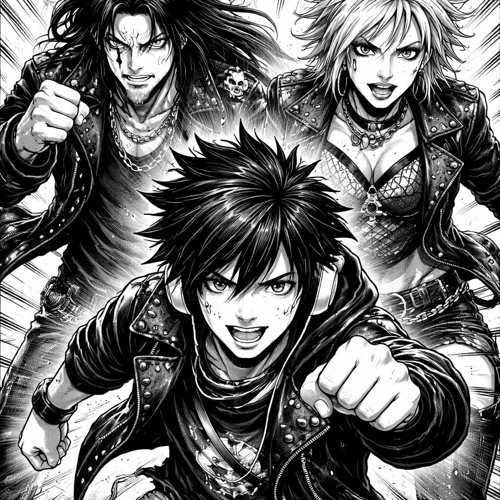 panel de manga en blanco y negro, estilo shonen con estética rockera, familia alternativa con actitud rebelde, padre con cabello largo y expresión seria, madre con mirada intensa y estilo punk, adolescente con audífonos y gesto desafiante, dibujo a tinta, alto contraste, sombras marcadas, screentone japonés, líneas dinámicas, viñeta vertical, estilo manga clásico, monocromático, ilustración detallada, sin color
monocromático, entintado profesional, trama japonesa, líneas de velocidad, estilo impreso en revista manga