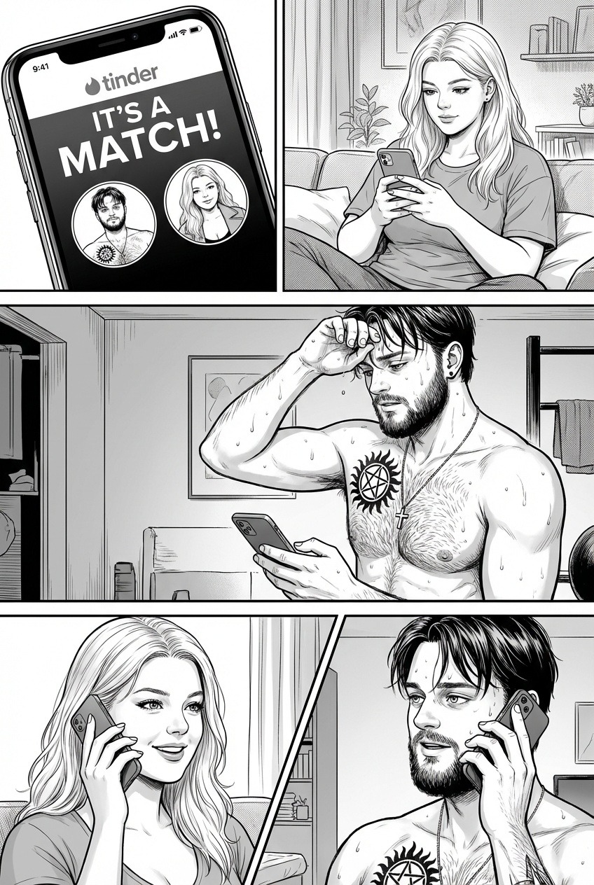 Panel 1:
Tinder match screen (“It’s a match”), two separate profile photos.
Panel 2:
She is texting from her place. Phone in hand.
Panel 3:
He is texting from his place. Shirtless after workout, chest tattoo visible on the right side, slightly fuller beard.
Panel 4:
Phone call, split panel.
She at her place, he at his place. No physical contact.