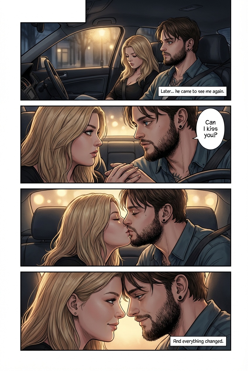 Style:
Colored, mature realistic manga.
Night atmosphere. Intimate, cinematic lighting.
Mood:
Soft tension → release.
⸻
Panel 1 (Wide, inside the car at night)
Parked car. Dark outside.
Soft street light coming through the window.
They’re sitting close but not touching yet.
Small caption:
Later… he came to see me again.
⸻
Panel 2 (Closer shot)
Inside the car.
Serious eye contact.
Hands resting close but not touching.
Dialogue (him):
“Can I kiss you?”
⸻
Panel 3 (No text)
The kiss.
Soft, slow, not dramatic.
Warm light from outside hitting their faces.
No caption. Let the image breathe.
⸻
Panel 4 (Quiet moment after)
Foreheads almost touching.
Calm. Slight smiles.
Small caption (optional):
And everything changed