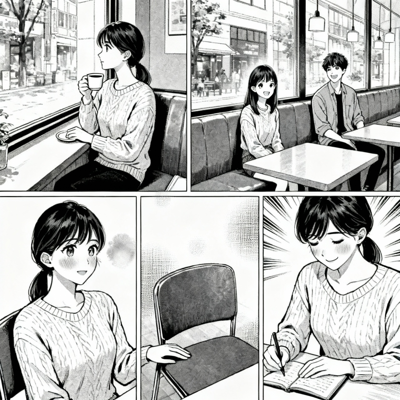 Panel 1:
Woman in sweater sitting alone at café window seat with coffee
Panel 2:
Same woman younger in flashback at same seat with boyfriend
Panel 3:
Present woman touching empty chair across from her
Panel 4:
Woman smiling softly while writing in journal at the table