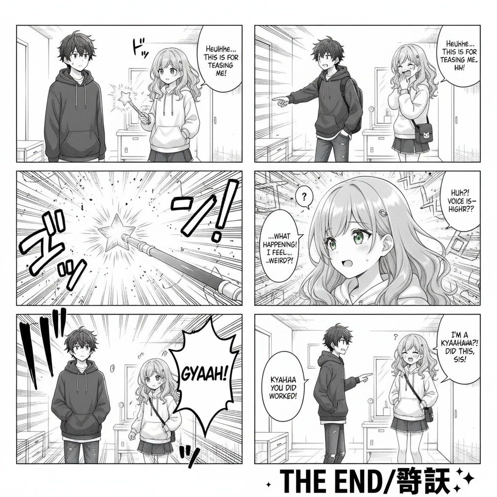 the sister changes his borhter into a girl using a magic wand