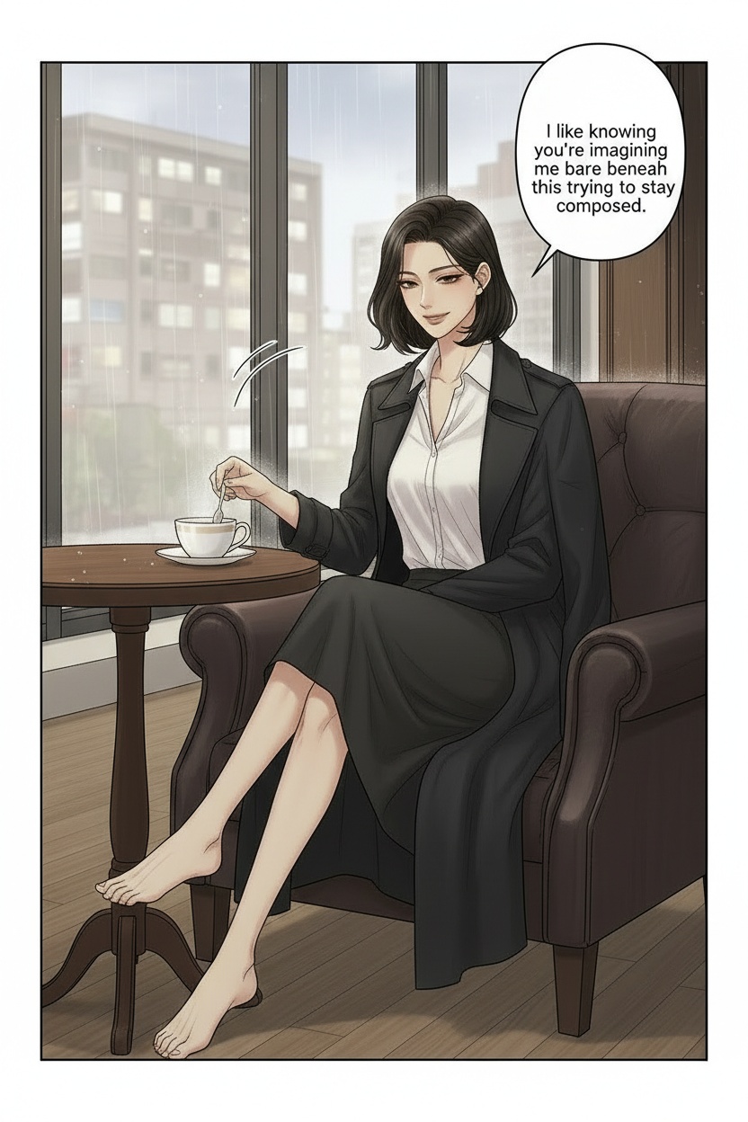 ONE SINGLE PANEL
Quiet art museum café during a rainy afternoon.
Muted light filters through tall windows while distant footsteps echo softly through empty galleries.
Sandrine sits alone at a small table barefoot beneath a long black coat, elegant white blouse open slightly at the collar.
Her short dark bob frames her face sharply while she slowly stirs an untouched coffee.
One leg crosses calmly over the other as she watches the viewer with quiet amusement and complete awareness of the effect her secret has on him.
The atmosphere feels intellectual, teasing, psychologically consuming, and deeply private.
NO explicit anatomy
NO explicit sexuality
NO graphic nudity
ONE speech bubble only. She says:
“I like knowing you’re imagining me bare beneath this while trying to stay composed.”