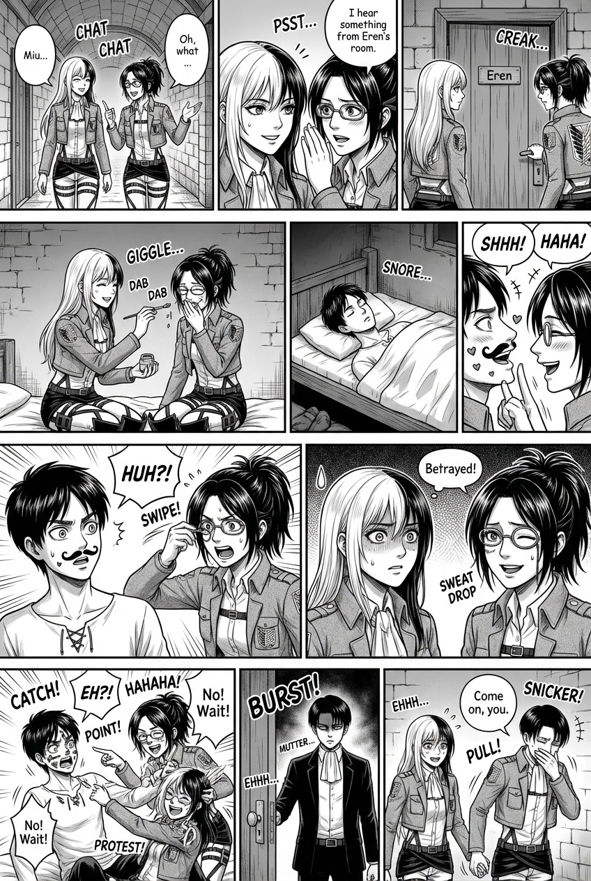 Miu has two-tone long hair, one side white and the other black. Hange has brown hair in a ponytail and Hange have glass. Eren has short brown hair and Levi has short black hair.
Miu and Hange are walking down the hall and talking. They hear a commotion coming from Eren's room and decide to paint him. They open his door. They sit on Eren's bed and paint Eren's face. Miu and Hange laugh.
Hange suddenly sees Eren waking up and decides to paint himself too. Miu stares at Hange nervously.Because Hange Betrayed Miu When Eren wakes up, he looks surprised. Hange points at Miu and Eren catches Miu and Hange paints Miu.even though Miu protests
They laugh so hard that Levi bursts into the room with his typical angry expression and starts muttering something. Miu looks at Levi nervously and tries to smile. And say nervously ,,ehhh." Levi looks away and starts laughing in room. Then he grabs Miu's hand and pulls Levis room. When they are alone, Miu watches him nervously. And Levi laughs at her.