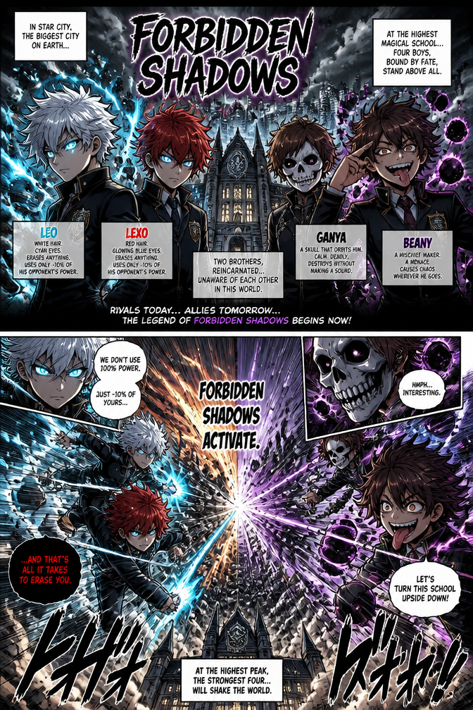 Creat a manga about called Forbidden shadows
The manga has 4 character leo and lexo all powerfull and steong can erase anything strongest at their school but they dont use their power 100% they use -10% power of their opponent but still they win
Leo and lexo are twins reincarnated at a fictional city called star city in usa the biggest city in the whole earth 🌎 but they dont know they are brothers in this world
Leo has white hair with cyan glowing eyes while lexo has red hair and glowing blue eyes
The other two characters are beany and ganya beany and ganya are friends who attend the same boarding school as leo and lexo as their rivals but letter becomes friends ganya has a skull which obits hi he has brown hair beany cousese mischief whenever he thinks of hes a mineach.
They all attend the highest magical school in star city were everyone uses their powers .
Create the image of the manga