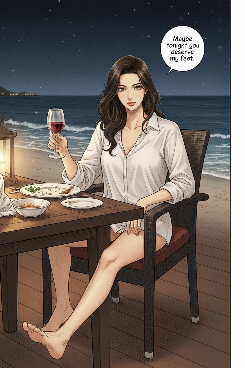 ONE SINGLE PANEL
A quiet beachfront restaurant late at night.
Warm lantern light glows across a secluded table near the sand, half-finished plates and an empty dessert dish pushed aside after a long dinner while waves roll softly in the background.
Sandrine lounges comfortably in her chair in an oversized white linen shirt, barefoot, dark hair slightly windswept from the ocean breeze.
One bare foot stretches slowly beneath the table toward the foreground, toes flexing lazily against the edge of the chair while she studies the viewer with calm amusement and quiet possession.
A glass of red wine rests loosely in one hand as though she is considering whether he has earned a particular reward tonight.
The atmosphere feels intimate, teasing, psychologically consuming, and deeply private.
NO explicit violence
NO explicit anatomy
NO graphic sexuality
ONE speech bubble only. She says:
“Maybe tonight you deserve my feet.”