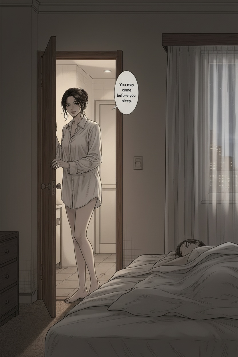 ONE SINGLE PANEL
Quiet hotel bedroom late at night.
Most of the room is dark now, illuminated only by soft bedside light and faint city glow beyond the curtains.
Sandrine stands in the doorway between the bathroom and bedroom, oversized white shirt loose around her body, dark hair slightly damp from brushing her teeth before bed.
One bare foot rests lightly against the carpet while the other remains partly hidden behind the doorway.
She looks toward the viewer with calm affection and quiet certainty, one hand still resting on the doorframe.
On the bed in the foreground, rumpled sheets and the outline of someone already waiting beneath them imply emotional intimacy and anticipation.
The atmosphere feels private, warm, emotionally charged, and deeply domestic.
NO explicit sexuality
NO nudity
NO explicit anatomy
ONE speech bubble only:
“You may come before you sleep.”