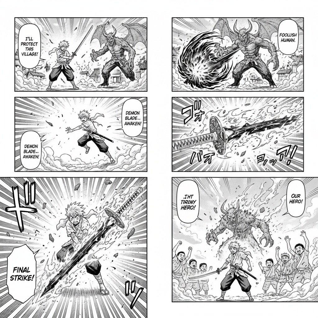"Demon Blade Chronicles"
Panel 1:
Young hero holds a glowing sword, facing a large demon.
Hero: "I'll protect this village!"
Panel 2:
Demon attacks with dark energy blast.
Demon: "Foolish human!"
Panel 3:
Hero dodges and jumps high.
Hero: "Demon Blade... awaken!"
Panel 4:
Sword transforms, growing bigger with flame effects.
Panel 5:
Hero slashes downward with massive energy strike.
Hero: "Final Strike!"
Panel 6:
Demon defeated, disappearing. Hero stands victorious as villagers cheer in background.
Villagers: "Our hero!"
