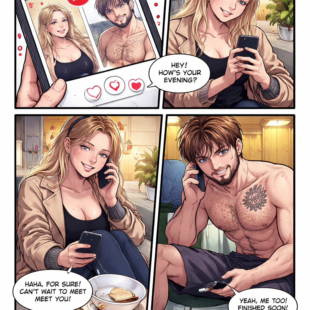 Panel 1:
Tinder match screen (“It’s a match”), two separate profile photos.
Panel 2:
She is texting from her place. Phone in hand.
Panel 3:
He is texting from his place. Shirtless after workout, chest tattoo visible on the right side, slightly fuller beard.
Panel 4:
Phone call, split panel.
She at her place, he at his place. No physical contact.
Notes:
They haven’t met yet. All interactions are online or by phone only.